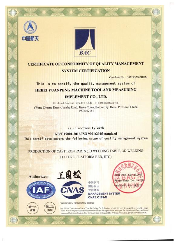 ISO9001 - Hebei Yuanpeng Machine Tool And Measuring Implement Co., Ltd.