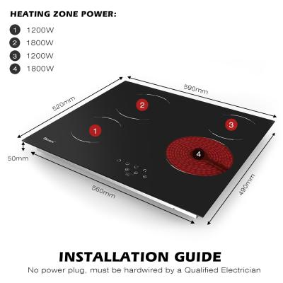 중국 220V-240V 4 번너 전기 요리장 24인치 세라믹 요리장 6000W 판매용