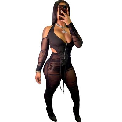 China QUICK DRY sexy mesh perspective pleated dress 2021 hot sale black costume of nightclub women long sleeve jumpsuit for sale