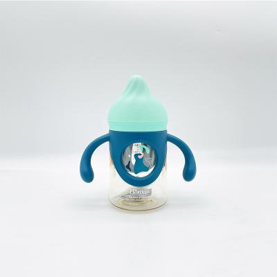 China BPA free silicone nipple ppsu material BPA free liquid baby bottle new in 2021 with silicone handle for sale