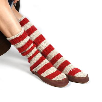 China Anti-skid slipper thongs hot sale ladies solid knitted socks fashionable upper long sock winter with sole for sale