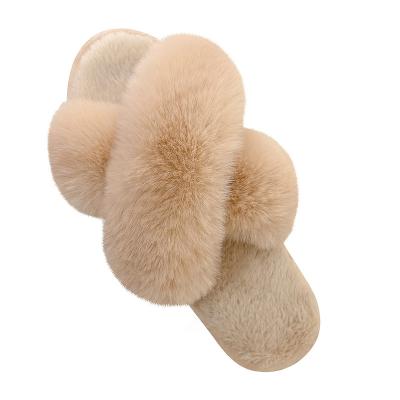 China Fashion Trend Women's Strip Plush Slippers Bedroom Shoes Faux Furry Soft Cross Rabbit Fur Warm Cozy Slip Ons for sale