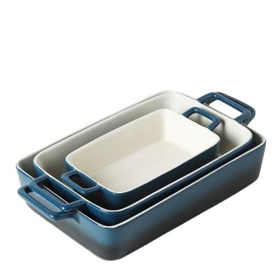 China Sustainable Wholesale Ceramic Baking Dish Pans Rectangle Blue Stoneware Bakeware With Handles Bake Dishes Sets for sale