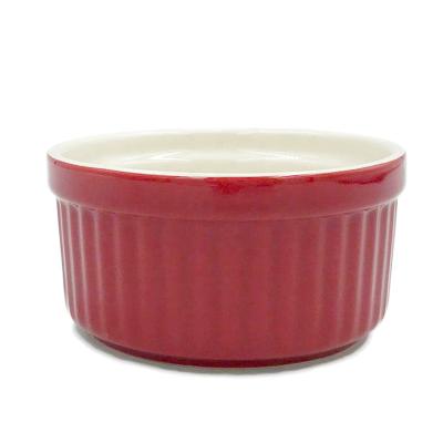 China Sustainable Red Round Soufflé Dishes Custom Ceramic Ramekins For Baking And Cooking Lovely Bowl for sale