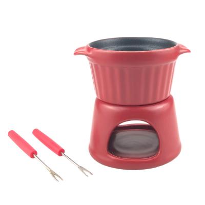 China Viable Wholesale Ceramic Fondue for Chocolate or Cheese 1 Tray Pot 1 Tealight Holder 2 Skewers Fondue Set for sale