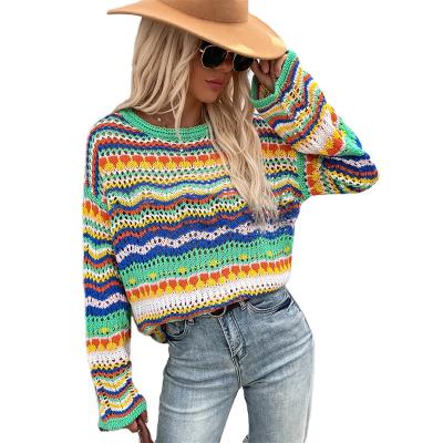 China Breathable Patchwork Sweater Loose Inter-color Round Neck Winter Ladies Elegant Sweaters for sale