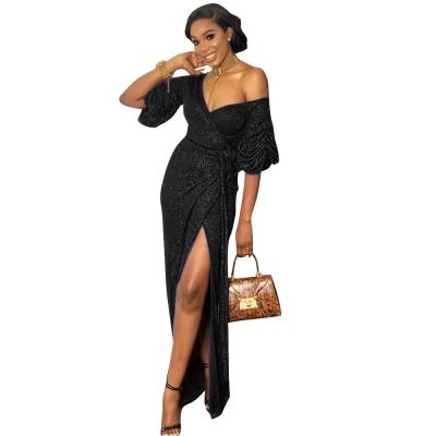 China Fashion Puff Sleeve Polyester Solid Color Lace Slit V-Neck Breast Wrap Dinner Dress Anti-static Woven Prom Dress Formal Dress Evening Party - for sale