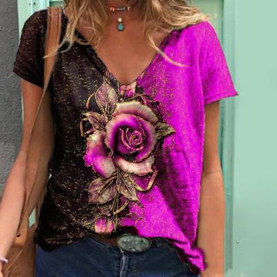 China New Design Viable Lady Summer Loose Shirt Rose Print V-Neck Patchwork Tops for sale