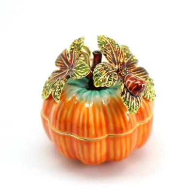 China Wedding Trinket Box Metal Enamel Orange Pumpkin Box Collectable Trinket Box For Jewelry Birthday Gift Box for sale