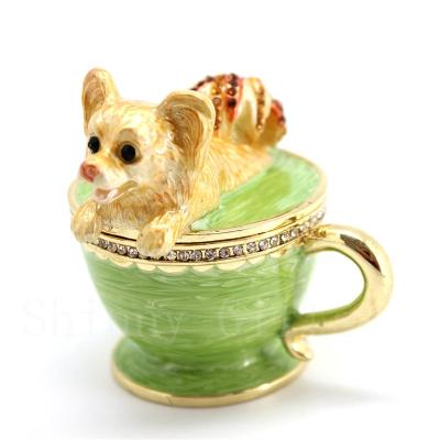 China Enamel New Year Gift Dog On Coffee Cup Trinket Box Home Decorative Jewelry Gift Box for sale