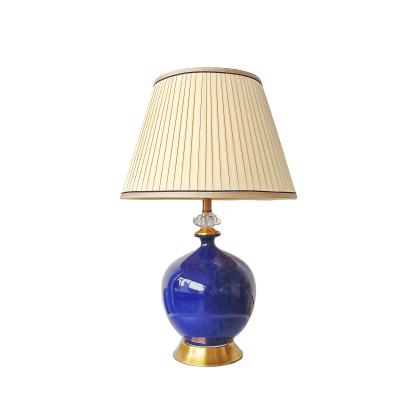 China Luxury Dark Blue Ceramic Crystal Crystal Room Decoration Hotel Restaurant Table Lamp Cloth Antique Warm Light for sale