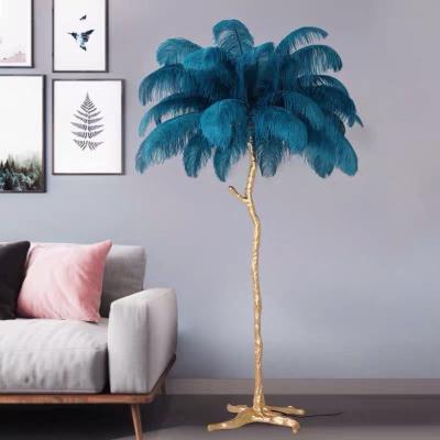 China High End Modern Hotel Decoration Interior Designer Palm Stand Copper Ostrich Feather Floor Lamp for sale