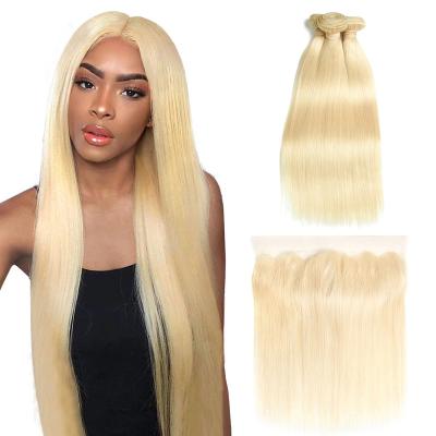 China Remy Blonde Color Hair Straight Good Quality 3 Bundles With Ear 13x4 Brazilian Human Hair Blonde 613 Ear Lace Frontal Closure for sale