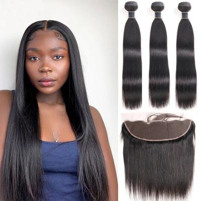 China Straight Human Hair Bundles With Frontal Closure Remy Brazilian Straight Lace Frontal With Bundles 3 Bundles With Headband 13*4 for sale