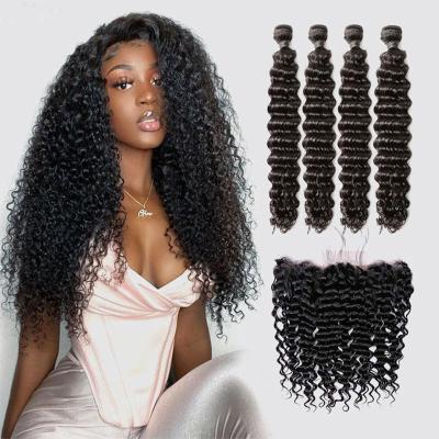 China Deep Wave Deep Wave 3 Bundles With Frontal Free Ear Part 13x4 To Ear Lace Frontal Ali Grace Peruvian Remy Human Hair Natural Color for sale