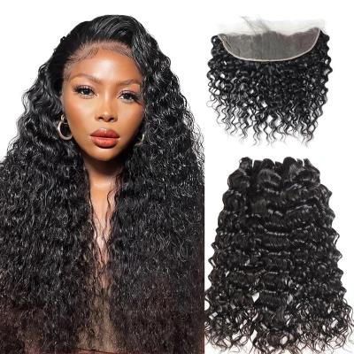 China Water Wave Water Wave Bundles With Frontal Closure Pre Plucked Curly Wave Brazilian Remy Human Hair Weave 100% 3 Bundles With Lace Headband for sale