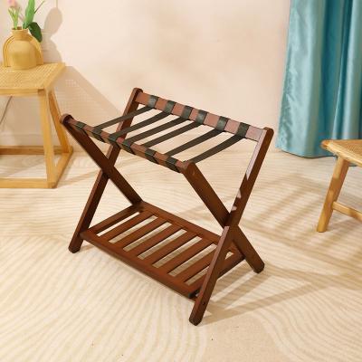 China 100% Eco-friendly Popular Modern Home Hotel Solid Wood Folding Luggage Racks Popular Double Shelves for sale