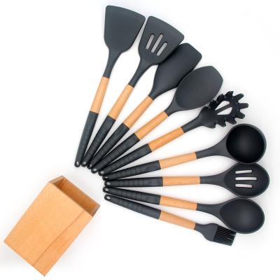 China Amazon Hot Selling Viable Silicone Utensil Set With Stand Cozinha 10pcs Wooden Handle Silicone Cooking Tools Kitchen Accessories Instruments for sale