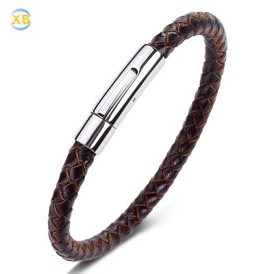 China Wholesale Hiphop Handwoven Leather Men Jewelry Stainless Steel Silver Bracelet for sale