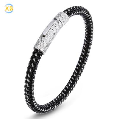 China Wholesale Online Silver Stainless Steel Leather Men's Simple Bracelet Jewelry Bracelet for sale