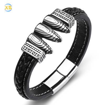 China Hiphop Hot Bullet Titanium Steel + Leather Mens Stainless Steel Bracelet for sale