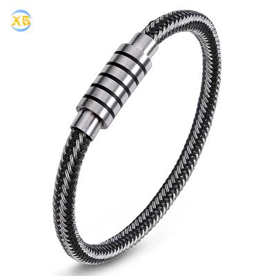 China Wholesale Fashion Hiphop Braided Jewelry Silver Stainless Steel Bracelet Men Black Leather Trim for sale