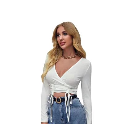 China Wholesale Ladies Anti-pilling Blouse Deep V-Neck Ladies Pleated Casual T Shirt Blouse for sale