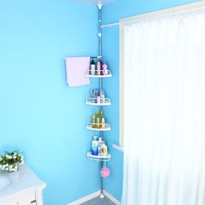 China Eco-friendly 4 Tier Stainless Steel Metal Bathroom Trolley Corner Shelf Adjustable Telescopic Bathroom Storage Basket Rack Shelf for sale