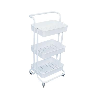 China Metal Rolling 3tier Cartfor Kitchen Bathroom Makeup Cart Viable Mobile Storage With Wheels White Serving Cart With Handle for sale