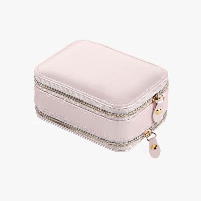 China 100% Handmade 2021 Multifunctional Portable Plastic Zipper PU Jewelry Storage Organizer Leather Case Double Layers With Mirror for sale