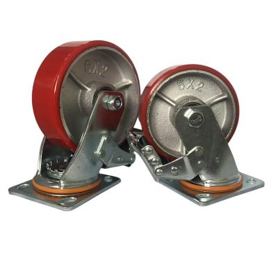 China Factory Sale Flexibility 4 Inch Industry Trolley PU Caster Wheel With Total Lock Brake Iron Casters for sale