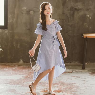 China Breathable Striped Kids Dress Summer Girls Kids Clothes 2021 Off Shoulder Long Teenage Girls Dresses For Girls With Belt for sale