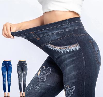 China Breathable Women Waist Leggings Butterfly Denim Print Butterfly Denim Top Printing Ankle Length Pants Slim Imitation Jeans Seamless for sale