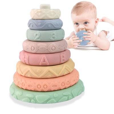 China Soft Building Toy 8 Pcs Silicone Circle Teethers For Baby Squeeze Stacking Blocks Toys Construction for sale