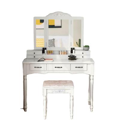 China (Other)Adjustable Vanity Desk Makeup Vanity Table Set With Cushioned Tri Folding Stool Mirror 7 Drawer for sale