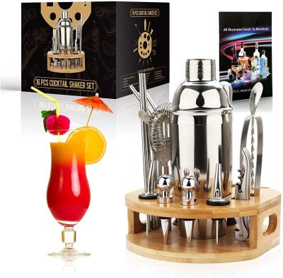 China Factory Direct Viable Logo 750Ml Sliver Custom 304 Metal Steel Bar Tools Stainless Cocktail Shaker Set With Bamboo Stand for sale