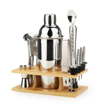 China 16 Piece Viable Cocktail Bar Tool Kit Wooden Shaker Set With Stylish Bamboo Stand for sale