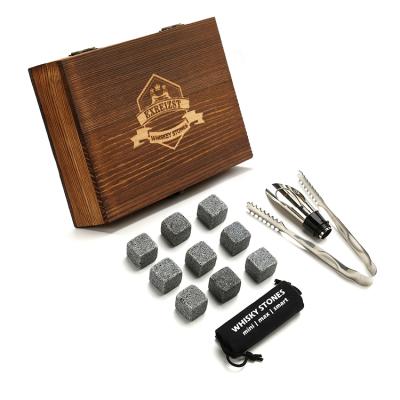 China Viable Whiskey Gift Set Whiskey Cubes Wine Cooling Rocks Whiskey Stone Gift Set Granite Stone Pourer Velvet Bag In Wooden Box for sale