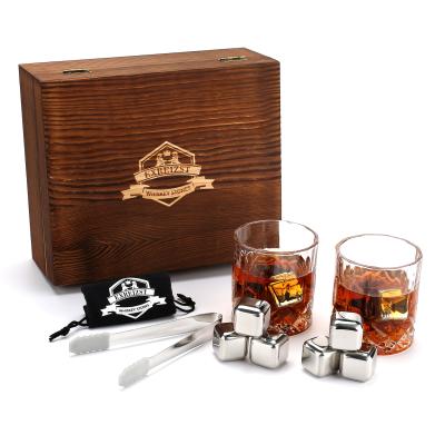 China Sustainable Whiskey Gift Set Stainless Steel Stones Ice Cube Whiskey Glasses Of 2 In Wooden Box Gift Set Best Drinking Gifts For Him for sale