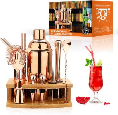 China Viable Bartender Cocktail Shaker Making Set 16pcs Kit with Semicircle Eco Bamboo Stand Stainless Steel Bar Tool Kit DIY Kit for sale