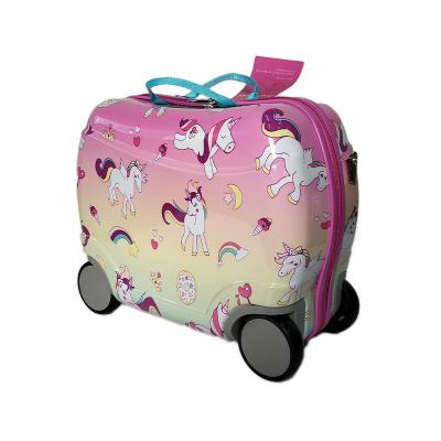 China Hard Shell Suitcase Packaging Box Unicorn Printed Cute Pink Toddler Kids Ride on Child Travel Luggage Carry-on Suitcase for Kids with Strap ABS for sale