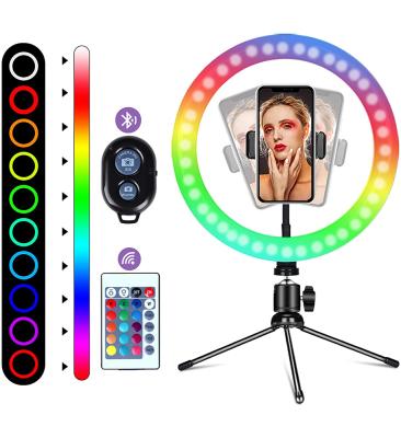 China Customized Multifunctional Foldable Live Beauty Colorful RGB Logo Selfie Ring Light 10 Inches With Adjustable Tripod Stand for sale