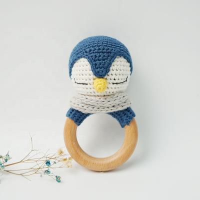 China Soft Baby Toy Wholesale Cotton Crochet Penguin Baby Rattle Teethers for sale