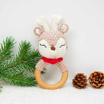 China Wooden Teether Rattle Gift Toy Newborn Baby Soft Toy Crochet Baby Teether Deer Soft Toy for sale