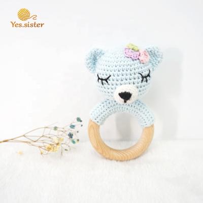 China Toy Factory Directly Sales Baby Rings Crochet Rabbit Soft Rattle Wooden Rings Baby Teether for sale