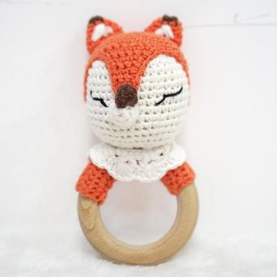 China Soft Toy Crochet Handmade Newborn Baby Wooden Baby Teether Crochet Animal Rattle for sale