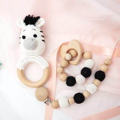 China Soft Toy Newborn Baby Gift Set Natural Handmade Crochet Rattle Wooden Baby Teether Toy Set for sale