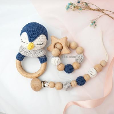 China Soft Toy Custom Logo Baby Gift Set Wooden Teether Hook Penguin Rattle Set Wooden Teether Toys Baby for sale