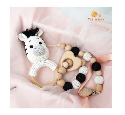 China Soft Toy Amigurumi Wooden Baby Toy Unicorn Dinosaur Zebra Crochet Baby Teether Penguin Set for sale