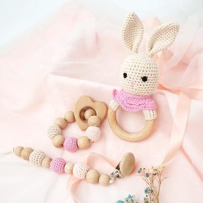 China Soft Toy Newborn Baby Gift Set Wooden Crochet Rattle Rabbit Panda Baby Teether Set for sale